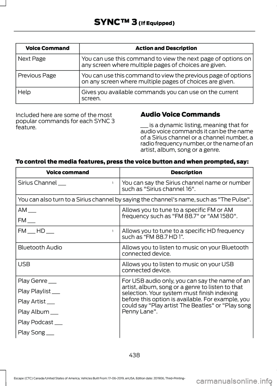 FORD ESCAPE 2020 Owners Manual Action and Description
Voice Command
You can use this command to view the next page of options on
any screen where multiple pages of choices are given.
Next Page
You can use this command to view the p FORD ESCAPE 2020 Owners Manual Action and Description
Voice Command
You can use this command to view the next page of options on
any screen where multiple pages of choices are given.
Next Page
You can use this command to view the p
