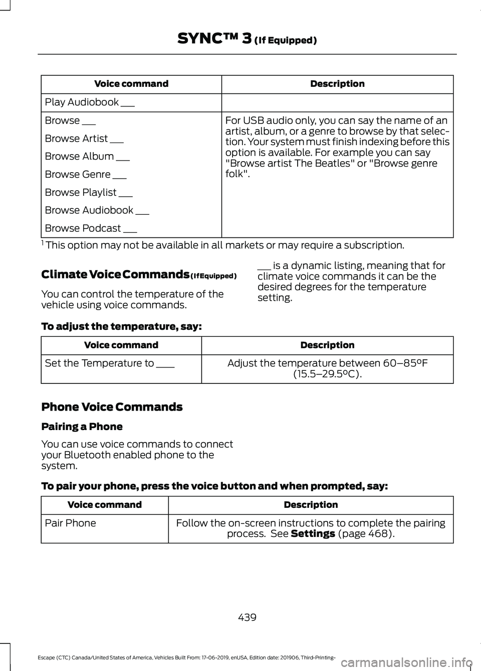 FORD ESCAPE 2020 Owners Manual Description
Voice command
Play Audiobook ___ For USB audio only, you can say the name of an
artist, album, or a genre to browse by that selec-
tion. Your system must finish indexing before this
option FORD ESCAPE 2020 Owners Manual Description
Voice command
Play Audiobook ___ For USB audio only, you can say the name of an
artist, album, or a genre to browse by that selec-
tion. Your system must finish indexing before this
option