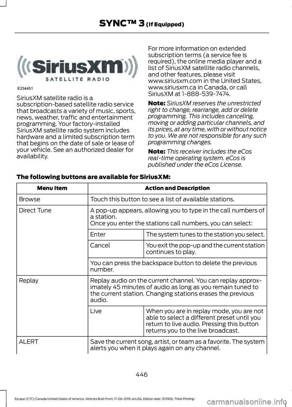 FORD ESCAPE 2020 Owners Manual SiriusXM satellite radio is a
subscription-based satellite radio service
that broadcasts a variety of music, sports,
news, weather, traffic and entertainment
programming. Your factory-installed
Sirius FORD ESCAPE 2020 Owners Manual SiriusXM satellite radio is a
subscription-based satellite radio service
that broadcasts a variety of music, sports,
news, weather, traffic and entertainment
programming. Your factory-installed
Sirius