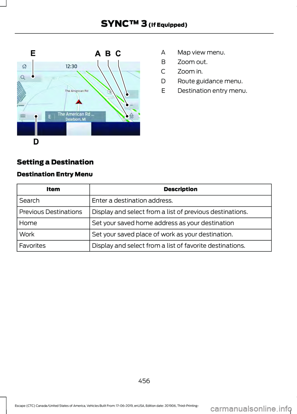 FORD ESCAPE 2020 Owners Manual Map view menu.
A
Zoom out.
B
Zoom in.
C
Route guidance menu.
D
Destination entry menu.
E
Setting a Destination
Destination Entry Menu Description
Item
Enter a destination address.
Search
Display and s FORD ESCAPE 2020 Owners Manual Map view menu.
A
Zoom out.
B
Zoom in.
C
Route guidance menu.
D
Destination entry menu.
E
Setting a Destination
Destination Entry Menu Description
Item
Enter a destination address.
Search
Display and s
