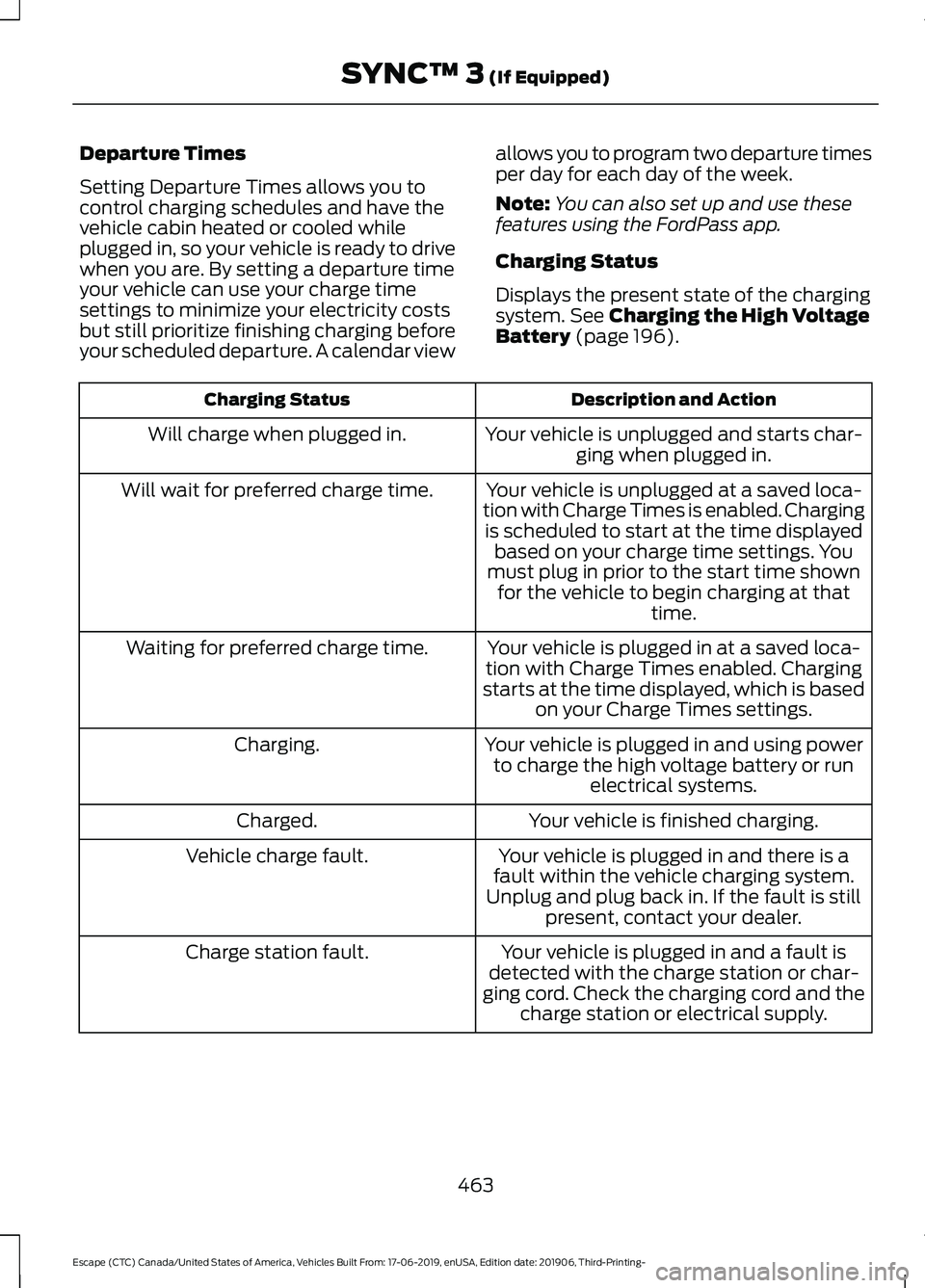 FORD ESCAPE 2020 Owners Manual Departure Times
Setting Departure Times allows you to
control charging schedules and have the
vehicle cabin heated or cooled while
plugged in, so your vehicle is ready to drive
when you are. By settin FORD ESCAPE 2020 Owners Manual Departure Times
Setting Departure Times allows you to
control charging schedules and have the
vehicle cabin heated or cooled while
plugged in, so your vehicle is ready to drive
when you are. By settin
