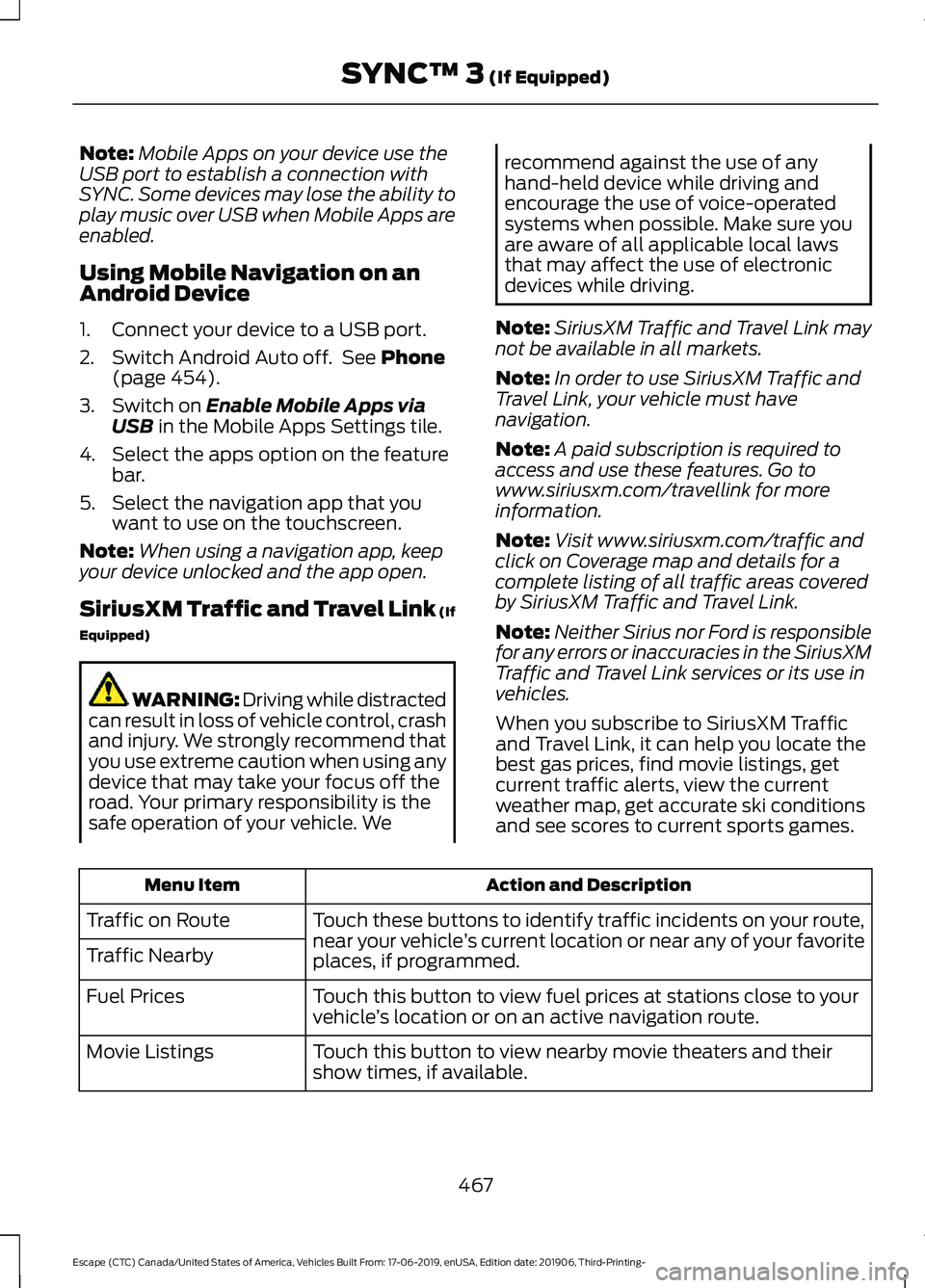 FORD ESCAPE 2020 User Guide Note:
Mobile Apps on your device use the
USB port to establish a connection with
SYNC. Some devices may lose the ability to
play music over USB when Mobile Apps are
enabled.
Using Mobile Navigation on FORD ESCAPE 2020 User Guide Note:
Mobile Apps on your device use the
USB port to establish a connection with
SYNC. Some devices may lose the ability to
play music over USB when Mobile Apps are
enabled.
Using Mobile Navigation on