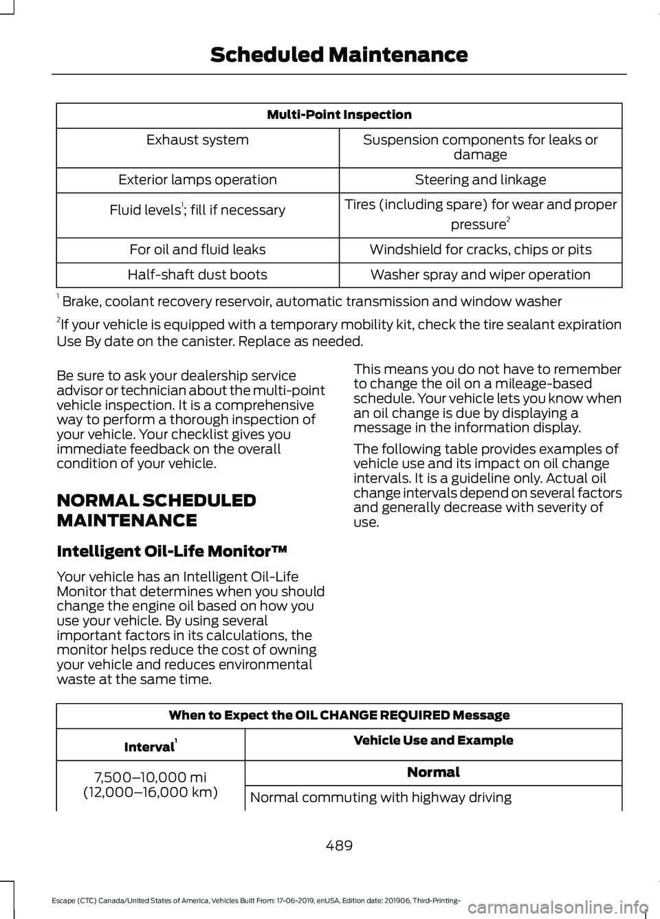 FORD ESCAPE 2020  Owners Manual Multi-Point Inspection
Suspension components for leaks ordamage
Exhaust system
Steering and linkage
Exterior lamps operation
Tires (including spare) for wear and properpressure2
Fluid levels 1
; fill 