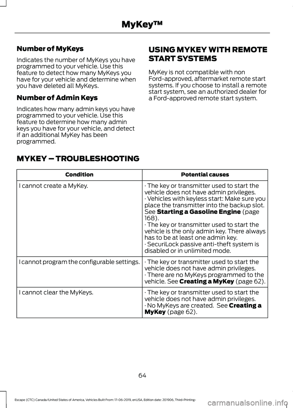 FORD ESCAPE 2020 Repair Manual Number of MyKeys
Indicates the number of MyKeys you have
programmed to your vehicle. Use this
feature to detect how many MyKeys you
have for your vehicle and determine when
you have deleted all MyKeys FORD ESCAPE 2020 Repair Manual Number of MyKeys
Indicates the number of MyKeys you have
programmed to your vehicle. Use this
feature to detect how many MyKeys you
have for your vehicle and determine when
you have deleted all MyKeys
