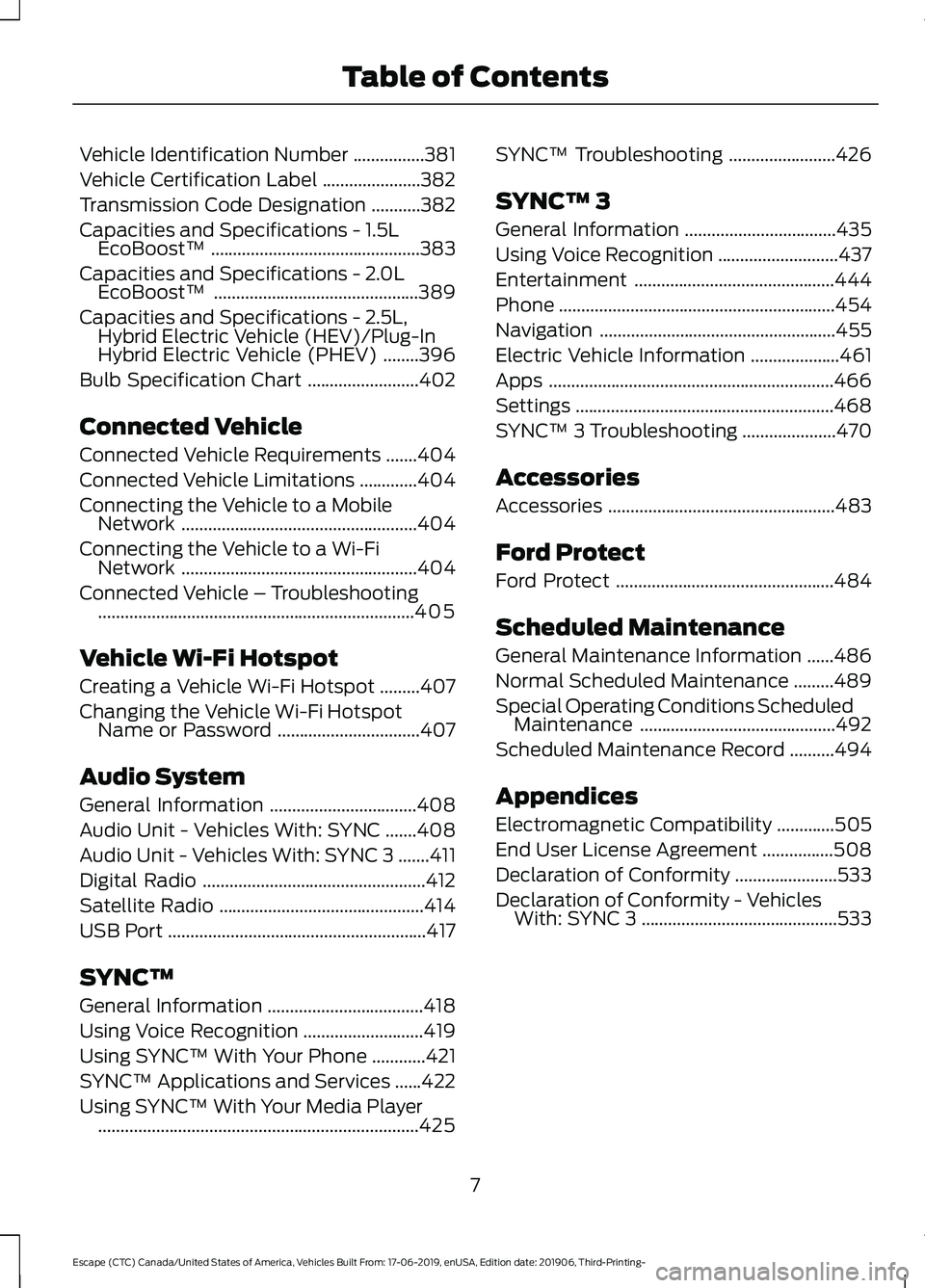 FORD ESCAPE 2020  Owners Manual Vehicle Identification Number
................381
Vehicle Certification Label ......................
382
Transmission Code Designation ...........
382
Capacities and Specifications - 1.5L EcoBoost™ 