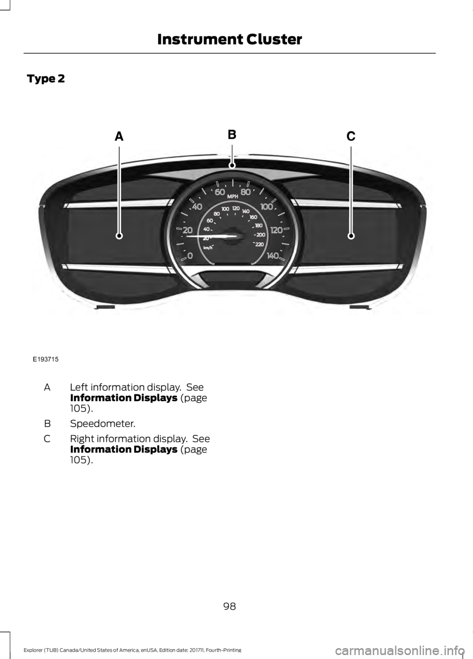FORD EXPLORER 2018 Owners Manual Type 2
Left information display. See
Information Displays (page
105).
A
Speedometer.
B
Right information display. See
Information Displays
(page
105).
C
98
Explorer (TUB) Canada/United States of Am FORD EXPLORER 2018 Owners Manual Type 2
Left information display. See
Information Displays (page
105).
A
Speedometer.
B
Right information display. See
Information Displays
(page
105).
C
98
Explorer (TUB) Canada/United States of Am