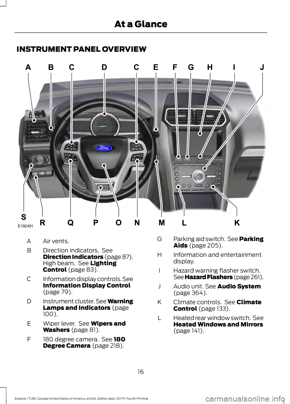 FORD EXPLORER 2018 User Guide INSTRUMENT PANEL OVERVIEW
Air vents.
A
Direction indicators. See
Direction Indicators (page 87).
High beam. See Lighting
Control (page 83).
B
Information display controls. See
Information Display Co FORD EXPLORER 2018 User Guide INSTRUMENT PANEL OVERVIEW
Air vents.
A
Direction indicators. See
Direction Indicators (page 87).
High beam. See Lighting
Control (page 83).
B
Information display controls. See
Information Display Co