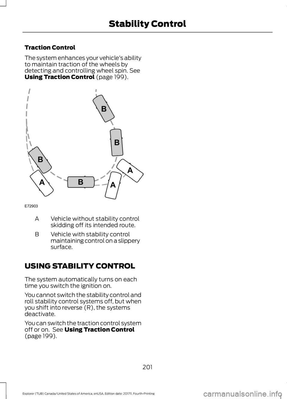 FORD EXPLORER 2018 Owners Manual Traction Control
The system enhances your vehicle
’s ability
to maintain traction of the wheels by
detecting and controlling wheel spin. See
Using Traction Control (page 199). Vehicle without stabil FORD EXPLORER 2018 Owners Manual Traction Control
The system enhances your vehicle
’s ability
to maintain traction of the wheels by
detecting and controlling wheel spin. See
Using Traction Control (page 199). Vehicle without stabil