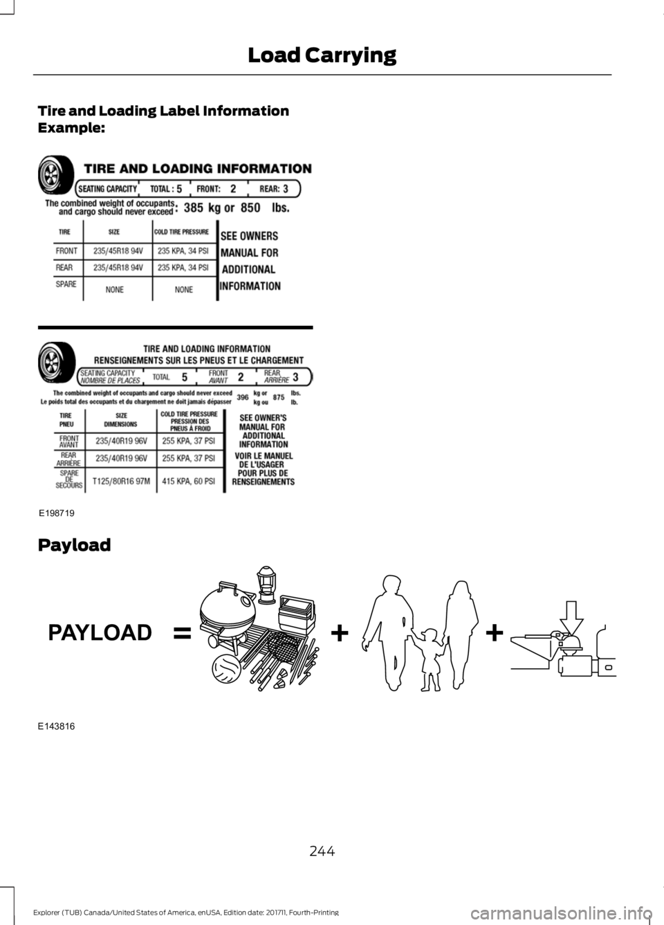 FORD EXPLORER 2018 Owners Manual Tire and Loading Label Information
Example:
Payload
244
Explorer (TUB) Canada/United States of America, enUSA, Edition date: 201711, Fourth-Printing Load CarryingE198719 E143816PAYLOAD FORD EXPLORER 2018 Owners Manual Tire and Loading Label Information
Example:
Payload
244
Explorer (TUB) Canada/United States of America, enUSA, Edition date: 201711, Fourth-Printing Load CarryingE198719 E143816PAYLOAD