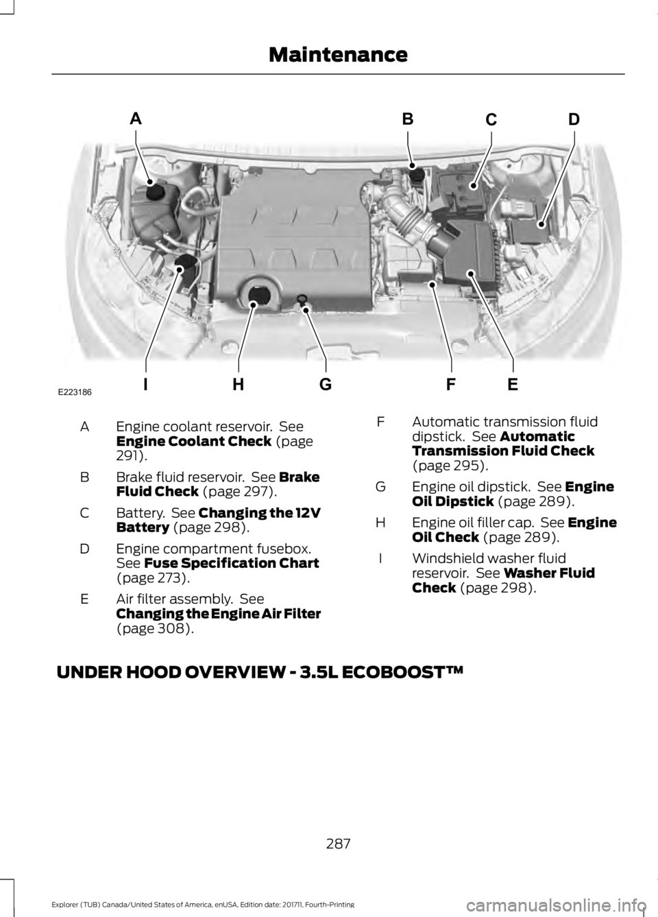 FORD EXPLORER 2018  Owners Manual Engine coolant reservoir.  See
Engine Coolant Check (page
291).
A
Brake fluid reservoir.  See 
Brake
Fluid Check (page 297).
B
Battery.  See 
Changing the 12V
Battery (page 298).
C
Engine compartment 