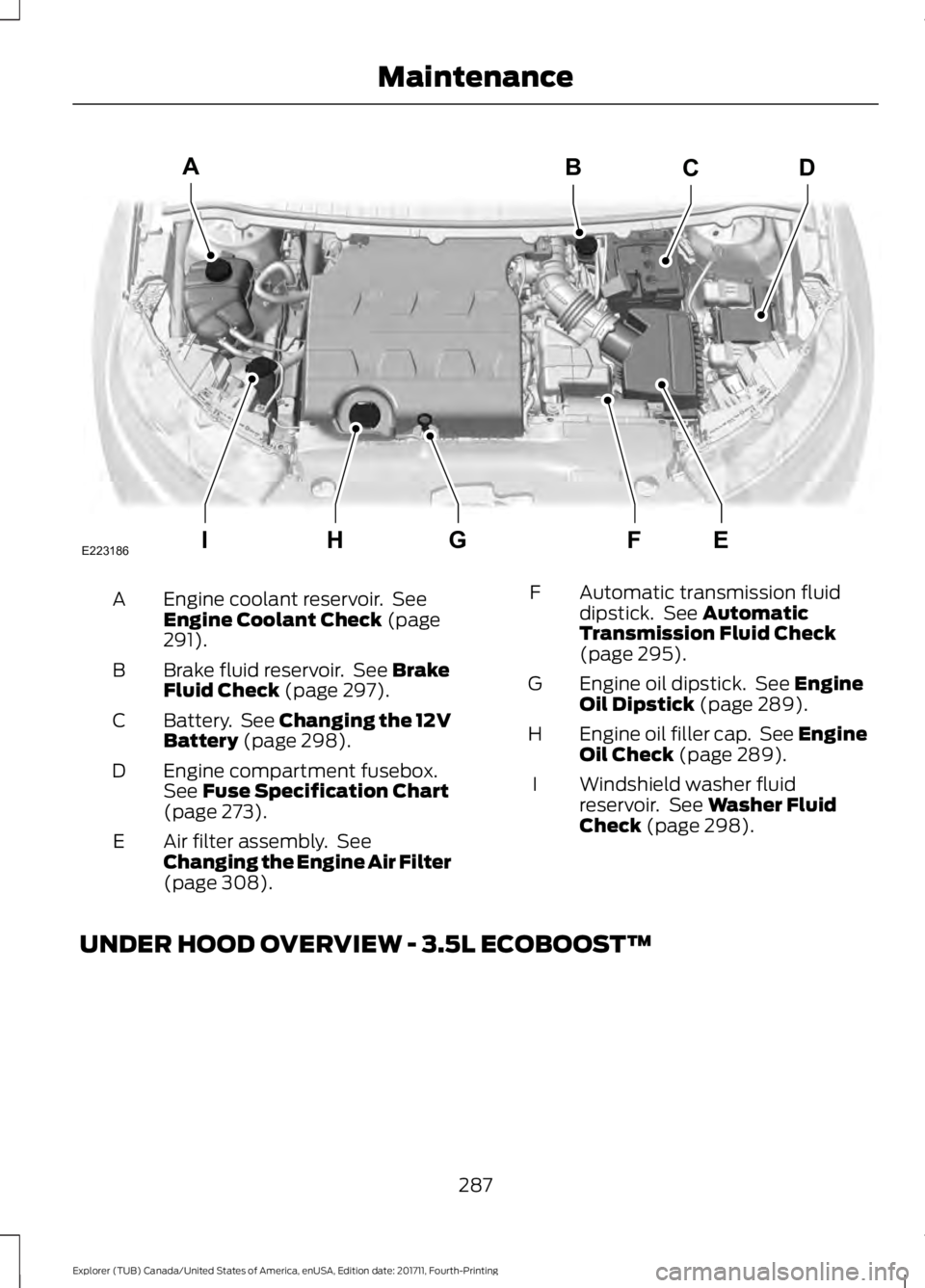 FORD EXPLORER 2018 Owners Manual Engine coolant reservoir. See
Engine Coolant Check (page
291).
A
Brake fluid reservoir. See
Brake
Fluid Check (page 297).
B
Battery. See
Changing the 12V
Battery (page 298).
C
Engine compartment FORD EXPLORER 2018 Owners Manual Engine coolant reservoir. See
Engine Coolant Check (page
291).
A
Brake fluid reservoir. See
Brake
Fluid Check (page 297).
B
Battery. See
Changing the 12V
Battery (page 298).
C
Engine compartment
