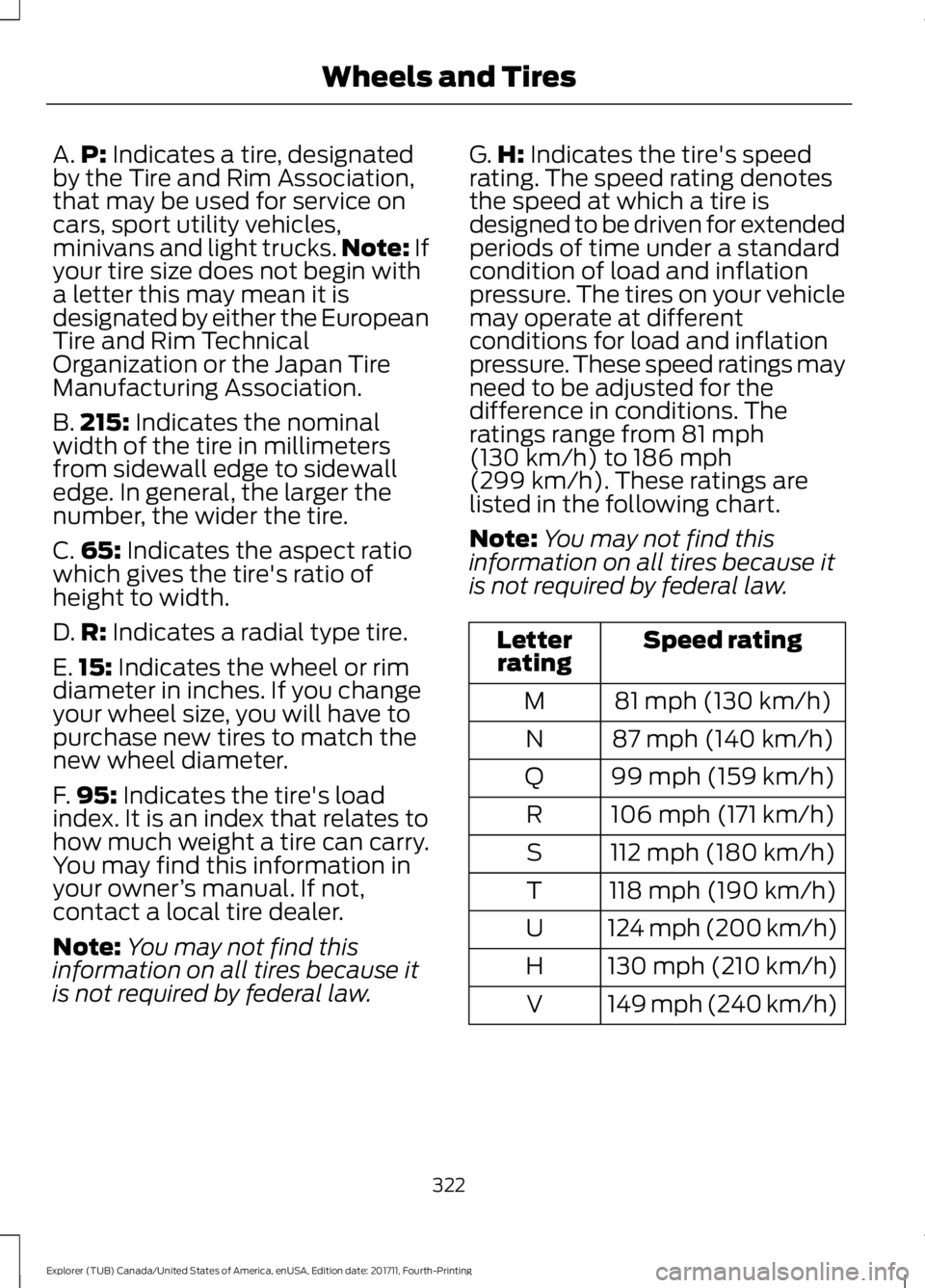 FORD EXPLORER 2018 Owners Manual A.
P: Indicates a tire, designated
by the Tire and Rim Association,
that may be used for service on
cars, sport utility vehicles,
minivans and light trucks. Note:
If
your tire size does not begin wit FORD EXPLORER 2018 Owners Manual A.
P: Indicates a tire, designated
by the Tire and Rim Association,
that may be used for service on
cars, sport utility vehicles,
minivans and light trucks. Note:
If
your tire size does not begin wit