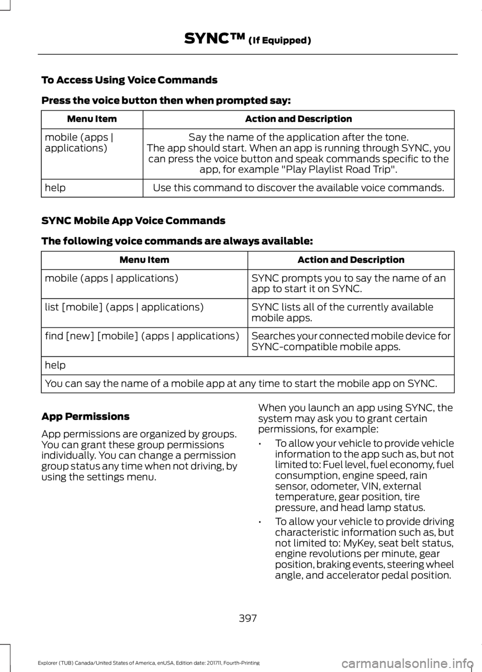 FORD EXPLORER 2018 Owners Manual To Access Using Voice Commands
Press the voice button then when prompted say:
Action and Description
Menu Item
Say the name of the application after the tone.
The app should start. When an app is runn FORD EXPLORER 2018 Owners Manual To Access Using Voice Commands
Press the voice button then when prompted say:
Action and Description
Menu Item
Say the name of the application after the tone.
The app should start. When an app is runn