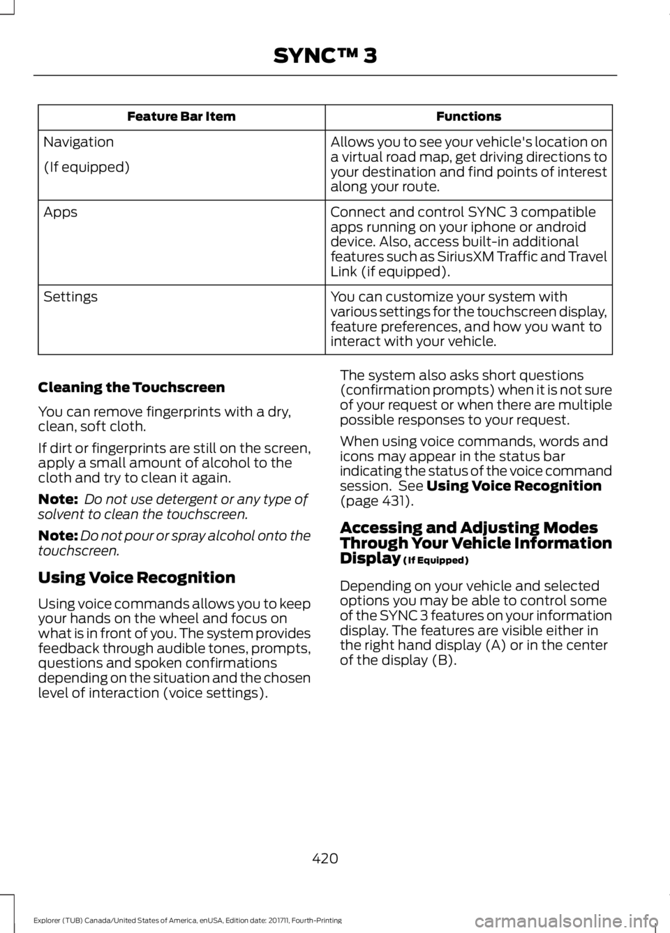 FORD EXPLORER 2018 Owners Manual Functions
Feature Bar Item
Allows you to see your vehicle's location on
a virtual road map, get driving directions to
your destination and find points of interest
along your route.
Navigation
(If FORD EXPLORER 2018 Owners Manual Functions
Feature Bar Item
Allows you to see your vehicle's location on
a virtual road map, get driving directions to
your destination and find points of interest
along your route.
Navigation
(If