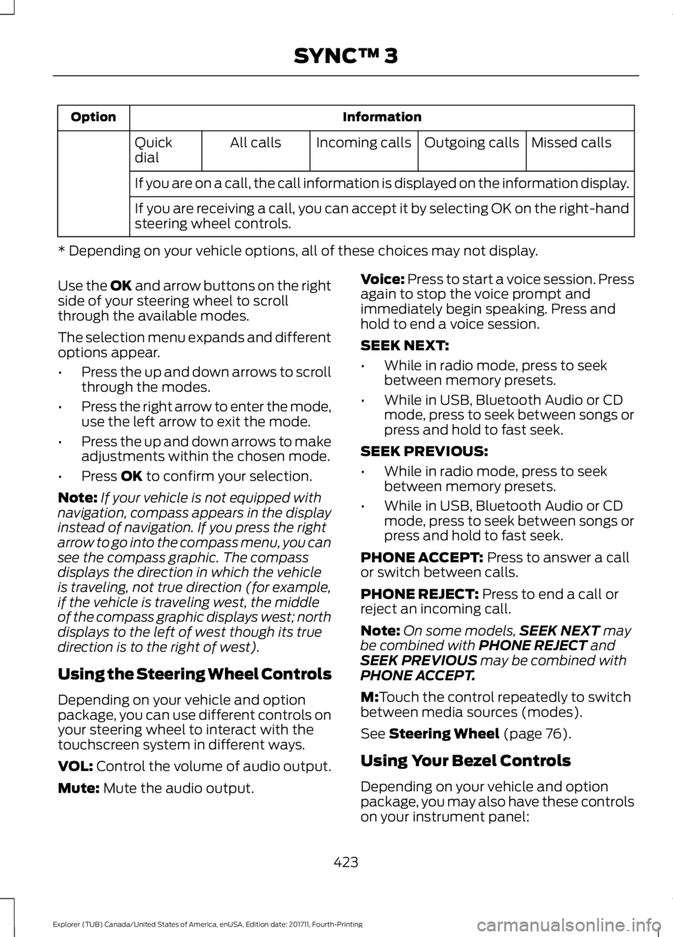 FORD EXPLORER 2018 Owners Manual Information
Option
Missed calls
Outgoing calls
Incoming calls
All calls
Quick
dial
If you are on a call, the call information is displayed on the information display.
If you are receiving a call, you FORD EXPLORER 2018 Owners Manual Information
Option
Missed calls
Outgoing calls
Incoming calls
All calls
Quick
dial
If you are on a call, the call information is displayed on the information display.
If you are receiving a call, you