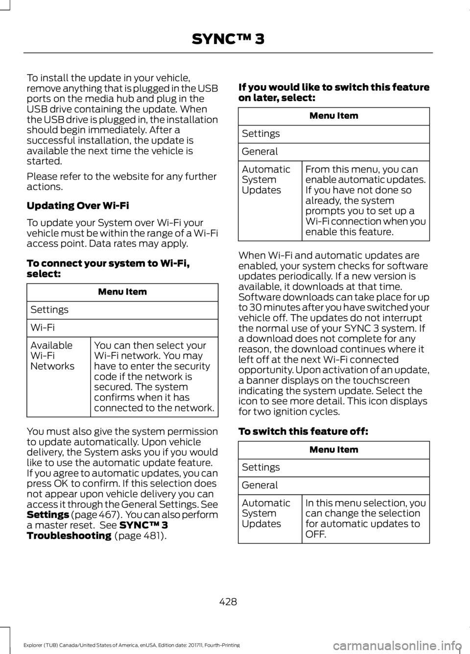 FORD EXPLORER 2018 Owners Manual To install the update in your vehicle,
remove anything that is plugged in the USB
ports on the media hub and plug in the
USB drive containing the update. When
the USB drive is plugged in, the installa FORD EXPLORER 2018 Owners Manual To install the update in your vehicle,
remove anything that is plugged in the USB
ports on the media hub and plug in the
USB drive containing the update. When
the USB drive is plugged in, the installa