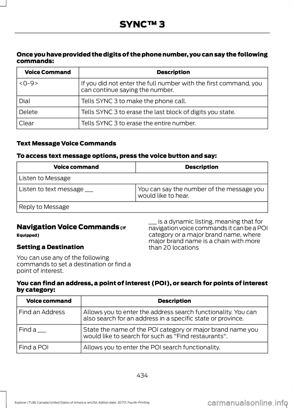 FORD EXPLORER 2018 Owners Manual Once you have provided the digits of the phone number, you can say the following
commands:
Description
Voice Command
If you did not enter the full number with the first command, you
can continue sayin FORD EXPLORER 2018 Owners Manual Once you have provided the digits of the phone number, you can say the following
commands:
Description
Voice Command
If you did not enter the full number with the first command, you
can continue sayin