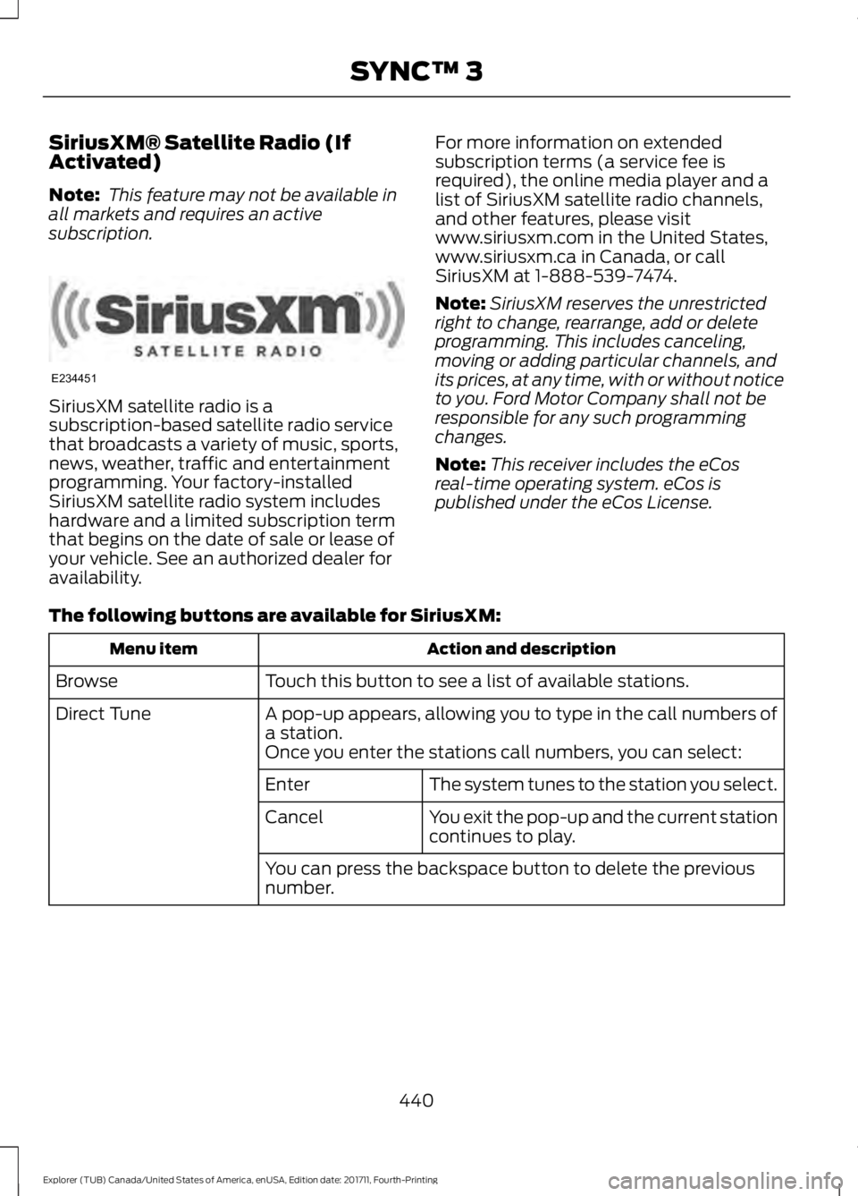 FORD EXPLORER 2018 Owners Manual SiriusXM® Satellite Radio (If
Activated)
Note:
This feature may not be available in
all markets and requires an active
subscription. SiriusXM satellite radio is a
subscription-based satellite radio FORD EXPLORER 2018 Owners Manual SiriusXM® Satellite Radio (If
Activated)
Note:
This feature may not be available in
all markets and requires an active
subscription. SiriusXM satellite radio is a
subscription-based satellite radio