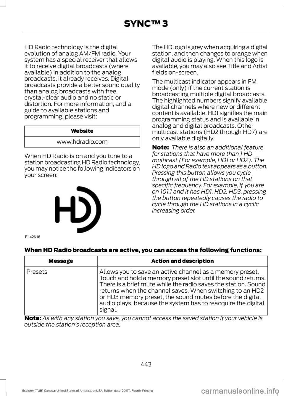 FORD EXPLORER 2018 Owners Manual HD Radio technology is the digital
evolution of analog AM/FM radio. Your
system has a special receiver that allows
it to receive digital broadcasts (where
available) in addition to the analog
broadcas FORD EXPLORER 2018 Owners Manual HD Radio technology is the digital
evolution of analog AM/FM radio. Your
system has a special receiver that allows
it to receive digital broadcasts (where
available) in addition to the analog
broadcas