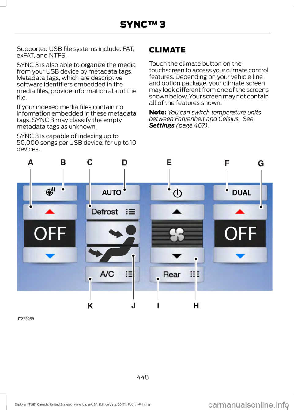 FORD EXPLORER 2018 Owners Guide Supported USB file systems include: FAT,
exFAT, and NTFS.
SYNC 3 is also able to organize the media
from your USB device by metadata tags.
Metadata tags, which are descriptive
software identifiers emb