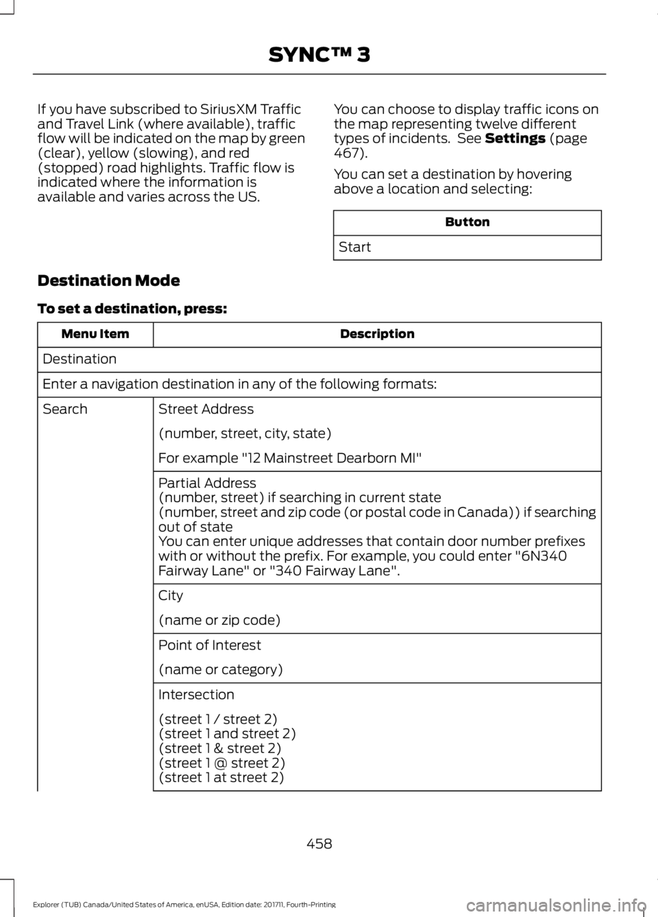 FORD EXPLORER 2018 Owners Manual If you have subscribed to SiriusXM Traffic
and Travel Link (where available), traffic
flow will be indicated on the map by green
(clear), yellow (slowing), and red
(stopped) road highlights. Traffic f FORD EXPLORER 2018 Owners Manual If you have subscribed to SiriusXM Traffic
and Travel Link (where available), traffic
flow will be indicated on the map by green
(clear), yellow (slowing), and red
(stopped) road highlights. Traffic f