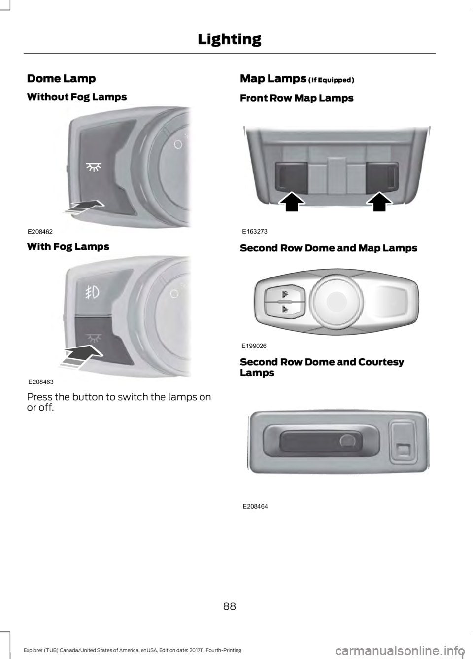 FORD EXPLORER 2018 Owners Manual Dome Lamp
Without Fog Lamps
With Fog Lamps
Press the button to switch the lamps on
or off. Map Lamps (If Equipped)
Front Row Map Lamps Second Row Dome and Map Lamps
Second Row Dome and Courtesy
Lamps
FORD EXPLORER 2018 Owners Manual Dome Lamp
Without Fog Lamps
With Fog Lamps
Press the button to switch the lamps on
or off. Map Lamps (If Equipped)
Front Row Map Lamps Second Row Dome and Map Lamps
Second Row Dome and Courtesy
Lamps