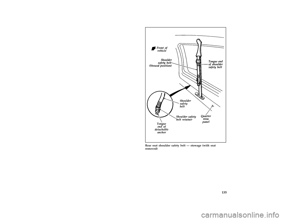 FORD AEROSTAR 1996 1.G Owners Manual 135 [FV34101(ALL)03/93]
three fourths page art:0020786-A
Rear seat shoulder safety belt Ð stowage (with seat
removed)
File:08cpfva.ex
Update:Tue Aug 29 17:41:55 1995 