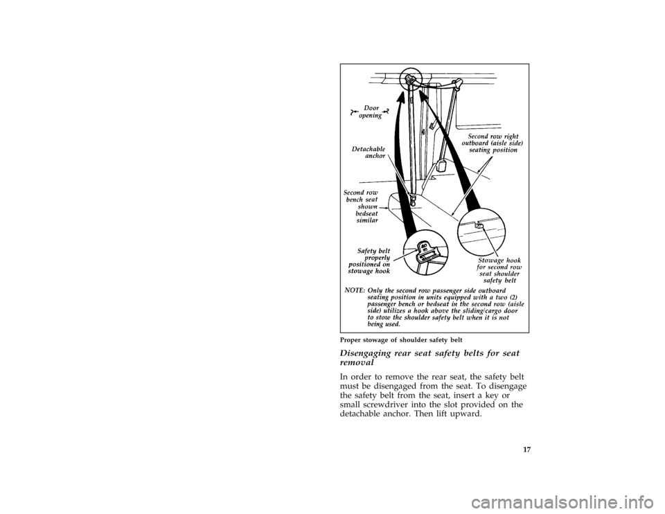 FORD AEROSTAR 1996 1.G Owners Manual 17 [SR04550(ALL)08/95]
three fourths page art:0020880-C
Proper stowage of shoulder safety belt
[SR04800(ALL)06/95]
Disengaging rear seat safety belts for seat
removal
[SR04850(ALL)05/95]
In order to r