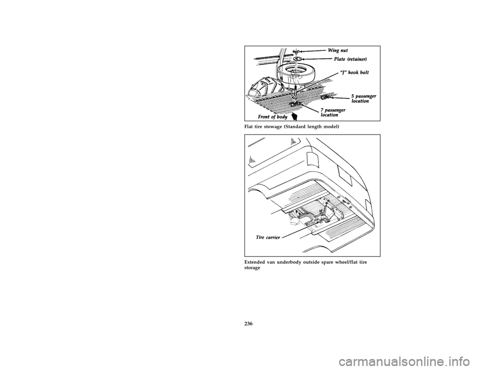 FORD AEROSTAR 1996 1.G Owners Manual 236 [RE07400(ALL)05/89]
one third page art:0020268-AFlat tire stowage (Standard length model)
[RE07600(ALL)08/95]
half page art:0020270-A
Extended van underbody outside spare wheel/flat tire
storage
F