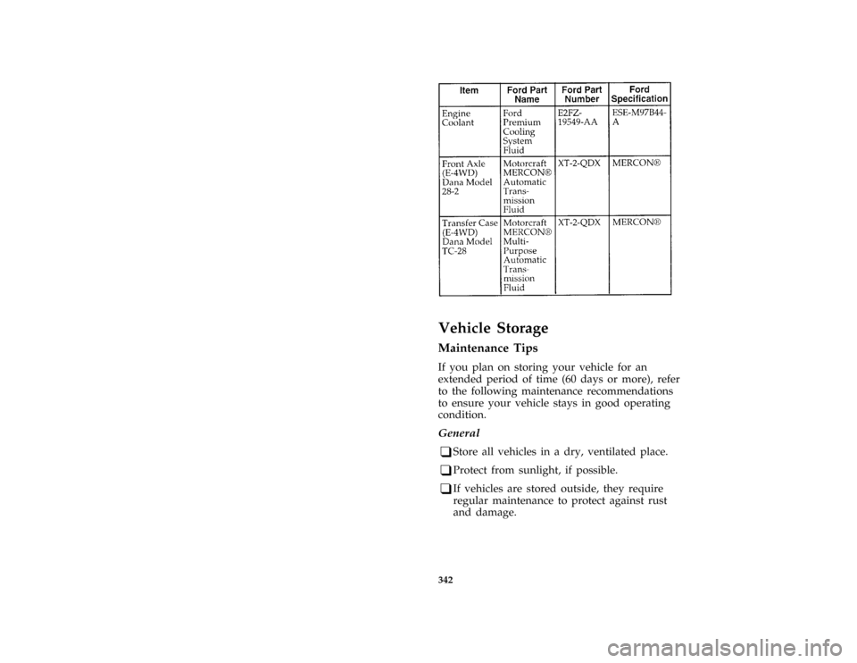 FORD AEROSTAR 1996 1.G Owners Manual 342 [SV53850(ALL)08/95]
eighteen pica chart:0095074-A
%*
[SV56000(ALL)01/95]
Vehicle Storage
*
[SV56100(ALL)01/95]
Maintenance Tips
*
[SV56150(ALL)01/95]
If you plan on storing your vehicle for an
ext