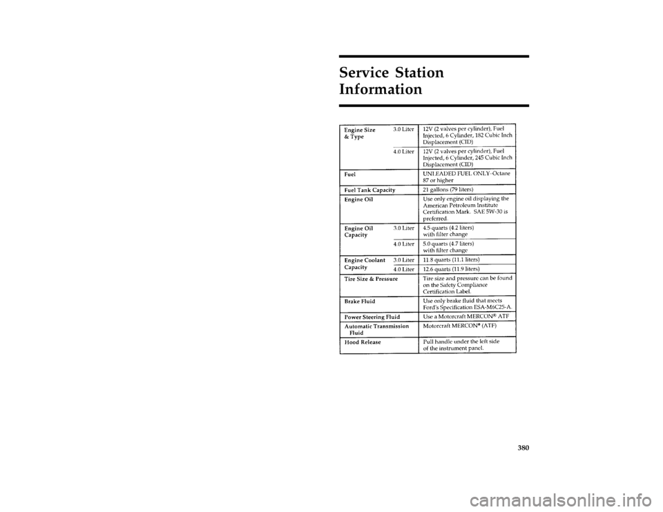 FORD AEROSTAR 1996 1.G Owners Manual 380
Service Station
Information
[GS00200(ALL)08/95]
twenty-six pica chart:0095019-BFile:17cpgsa.ex
Update:Tue Aug 29 17:47:17 1995 