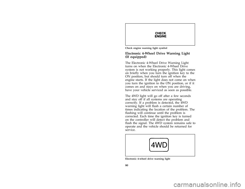 FORD AEROSTAR 1996 1.G Owners Manual 80
*
[LG05300(ALL)05/95]
one inch art:0020048-A
Check engine warning light symbol
[LG05525(ALL)03/94]
Electronic 4-Wheel Drive Warning Light
(If equipped)
[LG05550(ALL)03/95]
The Electronic 4-Wheel Dr