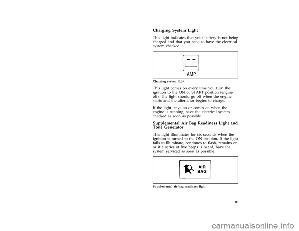 FORD AEROSTAR 1996 1.G Owners Manual 81 %
*
[LG05900(ALL)01/95]
Charging System Light
*
[LG06000(ALL)03/95]
This light indicates that your battery is not being
charged and that you need to have the electrical
system checked.
[LG06050(ALL