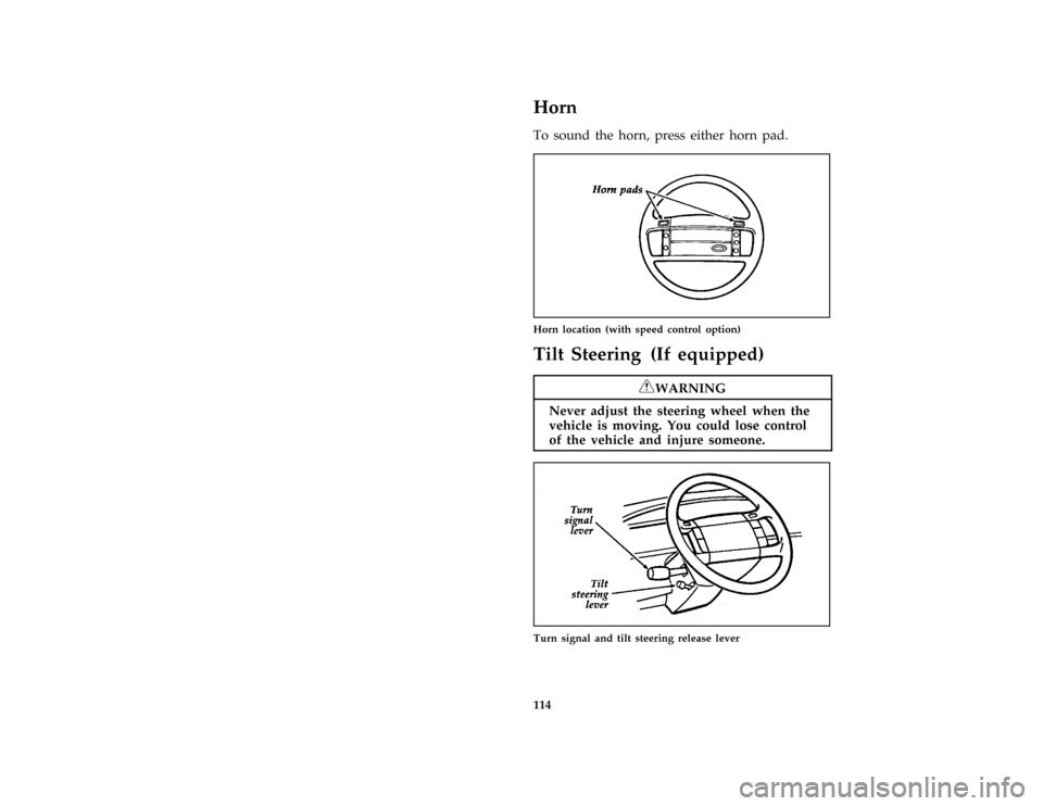 FORD AEROSTAR 1996 1.G Owners Manual 114
%*
[SC05600(ALL)01/95]
Horn
*
[SC05800(ALL)05/95]
To sound the horn, press either horn pad.
*
[SC06150(ALL)06/93]
one third page art:0020086-B
Horn location (with speed control option)
%*
[SC06200