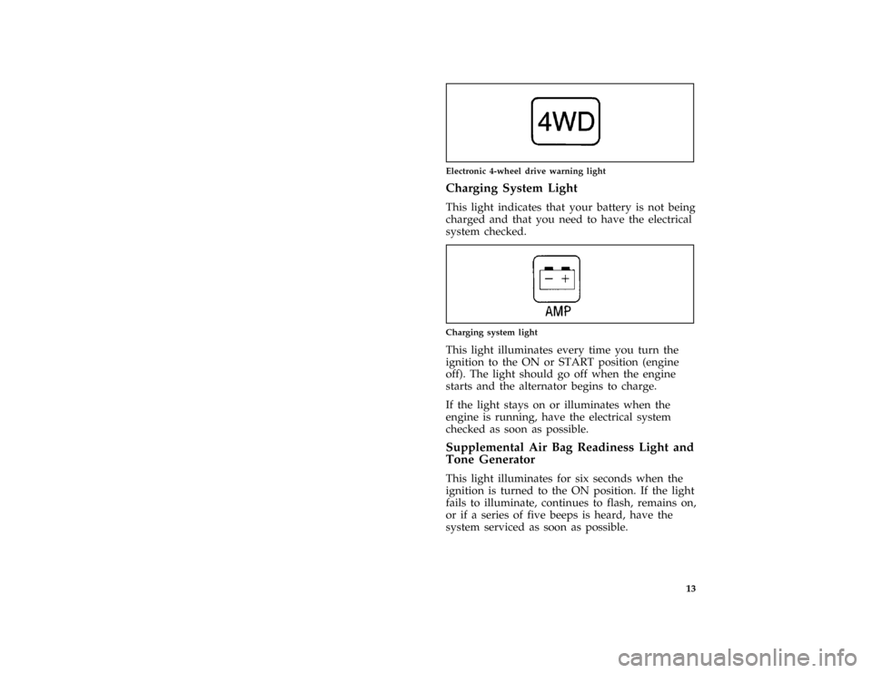 FORD AEROSTAR 1997 1.G Owners Manual 13 [IS05575(ALL)01/96]
one inch art:0020529-B
Electronic 4-wheel drive warning light
%*
[IS05900(ALL)01/96]
Charging System Light
*
[IS06000(ALL)05/96]
This light indicates that your battery is not be