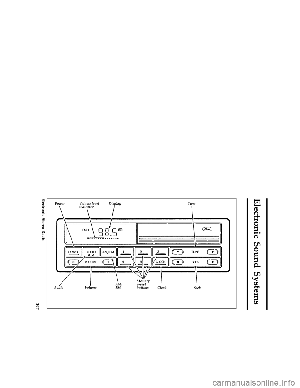 FORD ASPIRE 1996 1.G Owners Manual 107
Electronic Sound Systems
*
[AS21330(ALL)04/95]
full page art:0060586-C
Electronic Stereo Radio
File:09icasf.ex
Update:Wed Jan 24 14:52:32 1996 