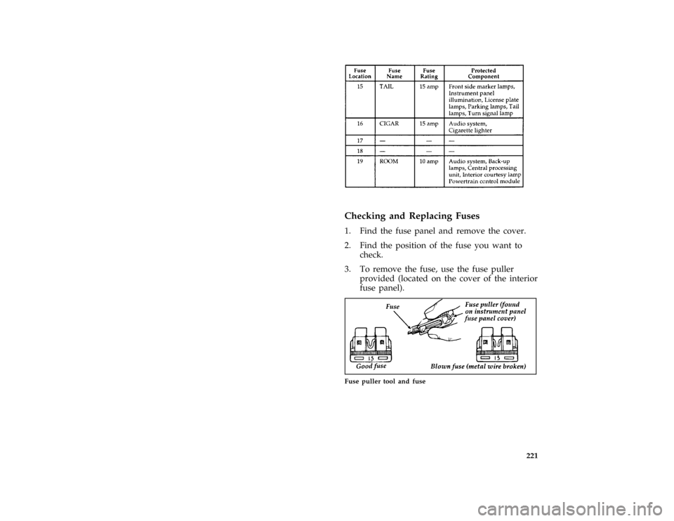 FORD ASPIRE 1996 1.G Owners Manual 221 [SV36575(ALL)07/95]
fourteen pica chart:0032237-C
%*
[SV36600(ALL)06/95]
Checking and Replacing Fuses
[SV36800(ALL)05/95]
1. Find the fuse panel and remove the cover.
[SV36900(ALL)05/95]
2. Find t