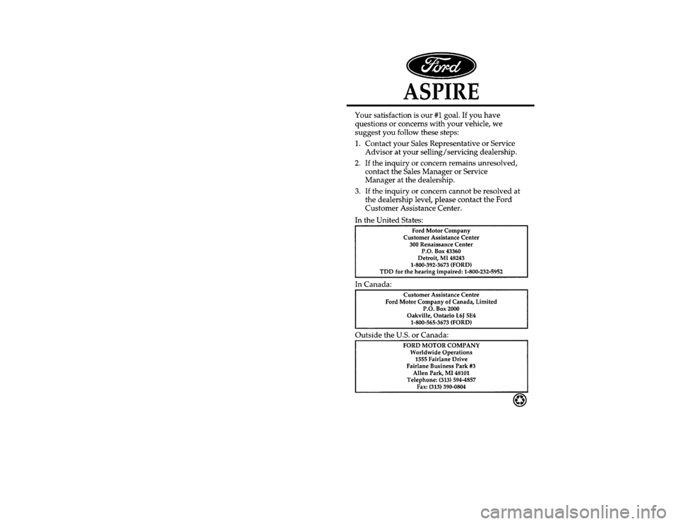 FORD ASPIRE 1997 1.G Owners Manual 