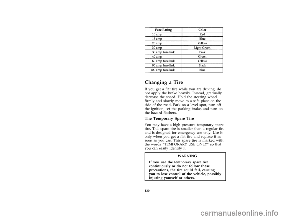 FORD ASPIRE 1997 1.G Owners Manual 130 [ER03175(ALL)04/96]
twelve pica chart:0032119-B
%*
[ER03800(ALL)02/96]
Changing a Tire
*
[ER03900(ALL)02/96]
If you get a flat tire while you are driving, do
not apply the brake heavily. Instead, 