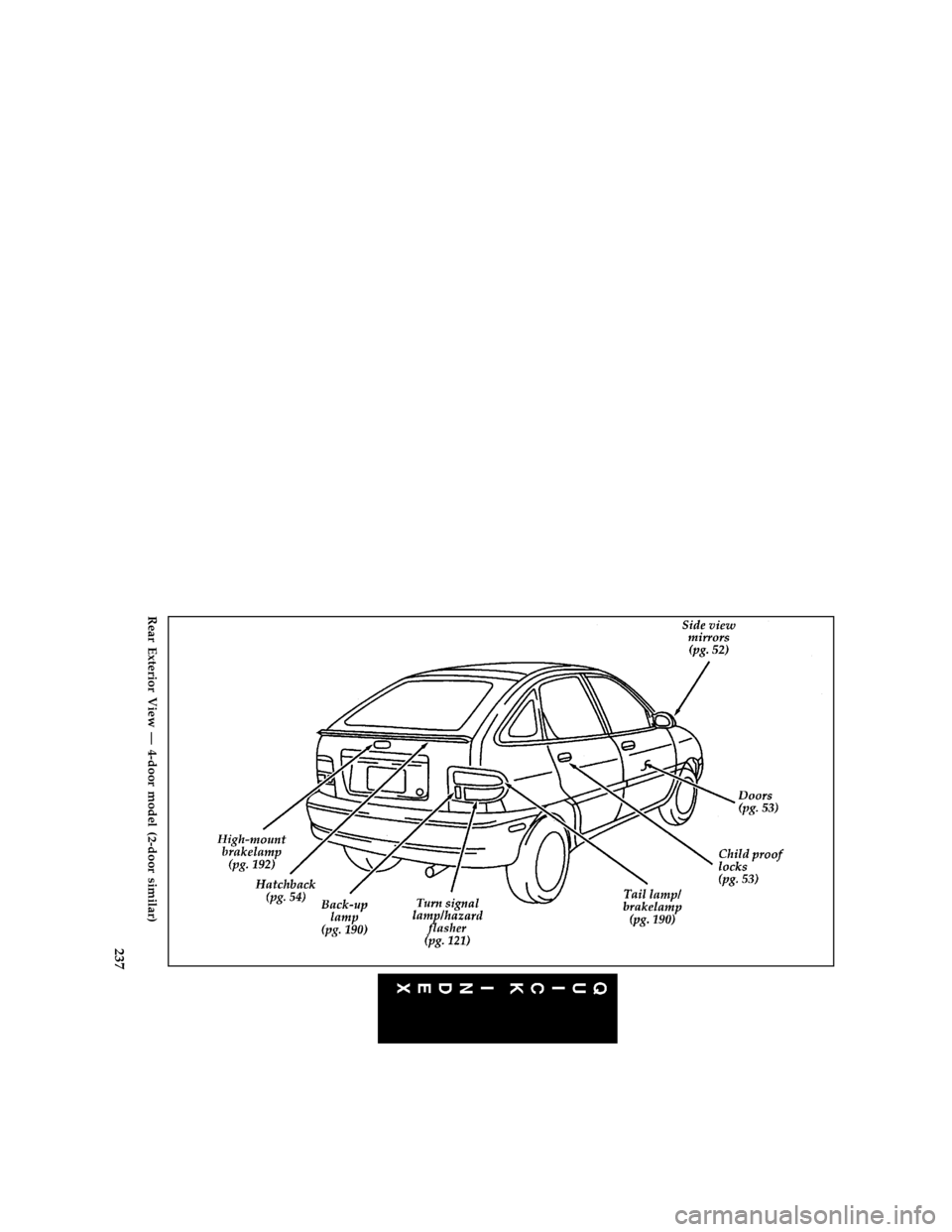 FORD ASPIRE 1997 1.G Owners Manual 237 [QI00800(ALL)04/96]
full page art:0032265-D
Rear Exterior View Ð 4-door model (2-door similar)
File:16icqif.ex
Update:Tue Mar  4 08:59:23 1997 