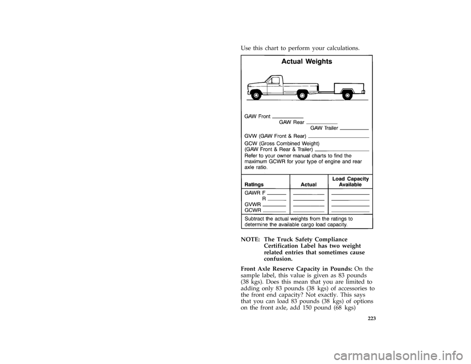 FORD BRONCO 1996 5.G Owners Manual 223
*
[DR31751( ALL)03/91]
Use this chart to perform your calculations.
*
[DR31801(B FM)03/94]
twenty-six pica chart:0020838-D
*
[DR31851( ALL)03/91]
NOTE: The Truck Safety Compliance
Certification La