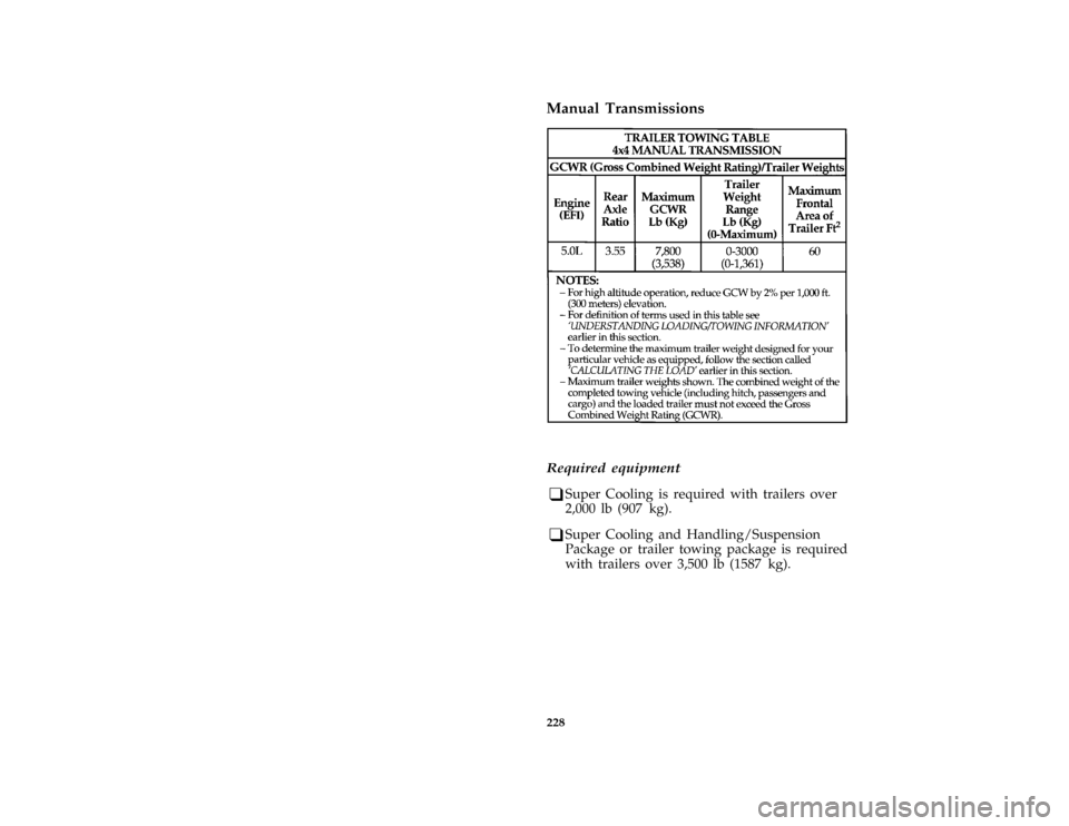 FORD BRONCO 1996 5.G User Guide 228
*
[DR33880(B )04/89]
Manual Transmissions
[DR33900(B )03/94]
twenty pica chart:0020161-D*
[DR35500(BEF )02/91]
Required equipment
*
[DR35700(BEF )01/89]
q
Super Cooling is required with trailers o