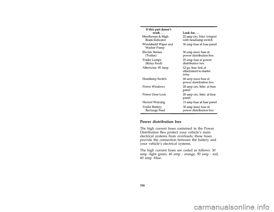 FORD BRONCO 1996 5.G Owners Manual 326 [SV40700(B )05/94]
twenty-two pica chart:0020396-F
*
[SV41300( ALL)10/92]
Power distribution box
*
[SV41400( ALL)10/92]
The high current fuses contained in the Power
Distribution Box protect your 