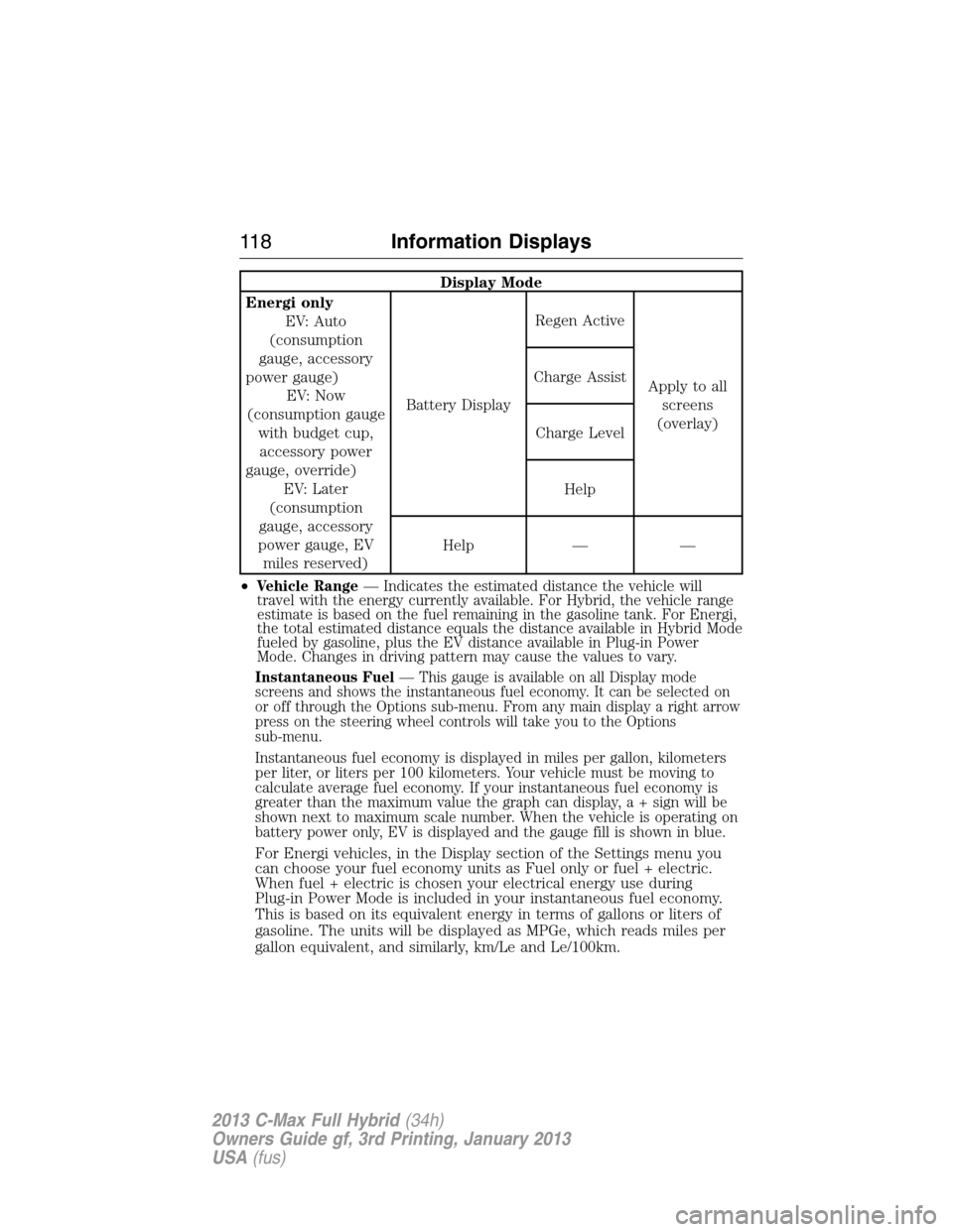 FORD C MAX HYBRID 2013 2.G User Guide Display Mode
Energi only
EV: Auto
(consumption
gauge, accessory
power gauge)
EV: Now
(consumption gauge
with budget cup,
accessory power
gauge, override)
EV: Later
(consumption
gauge, accessory
power 