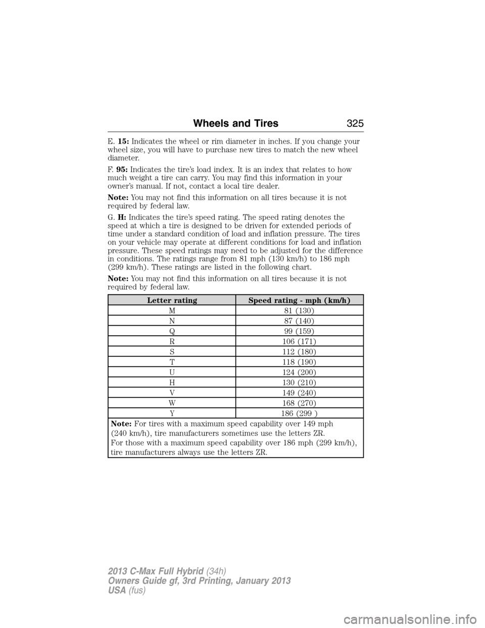 FORD C MAX HYBRID 2013 2.G Owners Manual E.15:Indicates the wheel or rim diameter in inches. If you change your
wheel size, you will have to purchase new tires to match the new wheel
diameter.
F.95:Indicates the tire’s load index. It is an