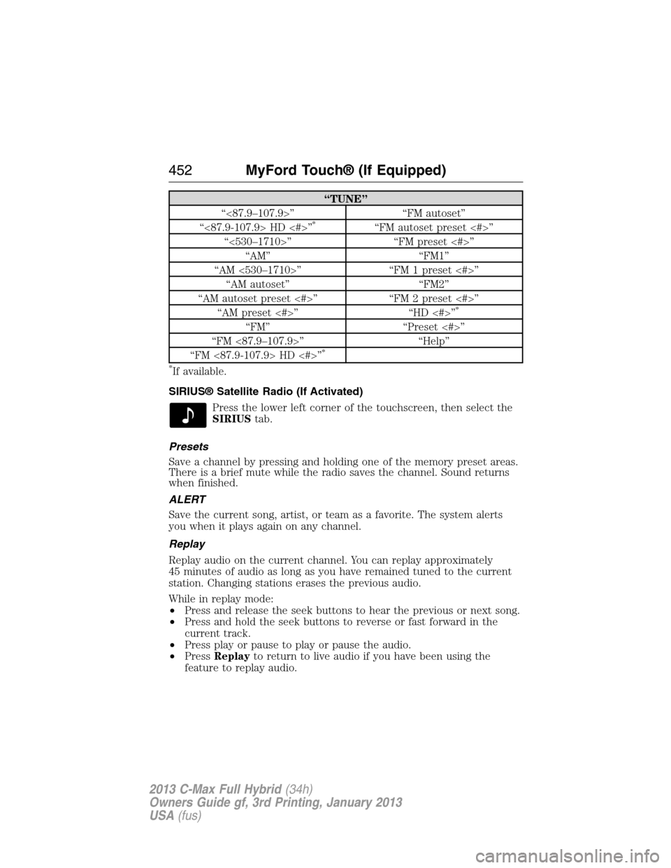 FORD C MAX HYBRID 2013 2.G Owners Guide “TUNE”
“<87.9–107.9>” “FM autoset”
“<87.9-107.9> HD <#>”
*“FM autoset preset <#>”
“<530–1710>” “FM preset <#>”
“AM” “FM1”
“AM <530–1710>” “FM 1 preset < FORD C MAX HYBRID 2013 2.G Owners Guide “TUNE”
“<87.9–107.9>” “FM autoset”
“<87.9-107.9> HD <#>”
*“FM autoset preset <#>”
“<530–1710>” “FM preset <#>”
“AM” “FM1”
“AM <530–1710>” “FM 1 preset <