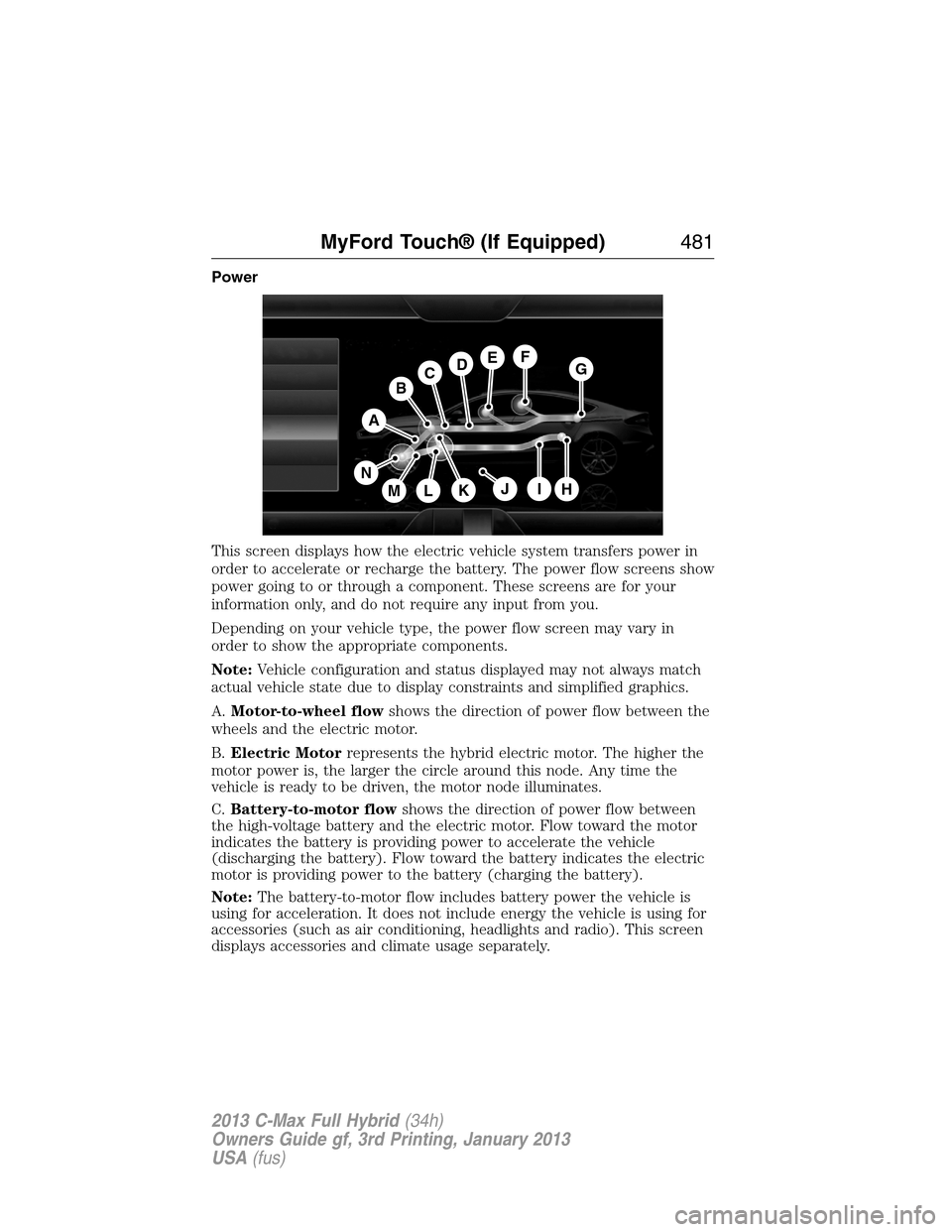 FORD C MAX HYBRID 2013 2.G Owners Manual Power
This screen displays how the electric vehicle system transfers power in
order to accelerate or recharge the battery. The power flow screens show
power going to or through a component. These scre