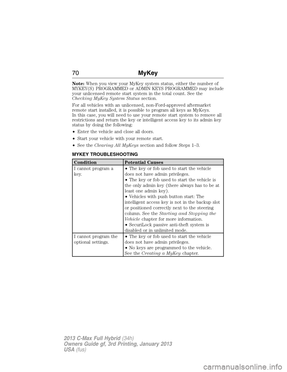 FORD C MAX HYBRID 2013 2.G Owners Manual Note:When you view your MyKey system status, either the number of
MYKEY(S) PROGRAMMED or ADMIN KEYS PROGRAMMED may include
your unlicensed remote start system in the total count. See the
Checking MyKe