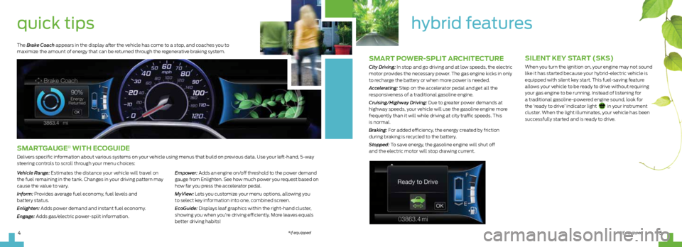 FORD C MAX HYBRID 2013 2.G Quick Reference Guide sMart poWer-split architecture
City Driving: In stop and go driving and at low speeds, the electric
motor provides the necessary power. The gas engine kicks in only
to recharge the battery or when m FORD C MAX HYBRID 2013 2.G Quick Reference Guide sMart poWer-split architecture
City Driving: In stop and go driving and at low speeds, the electric
motor provides the necessary power. The gas engine kicks in only
to recharge the battery or when m