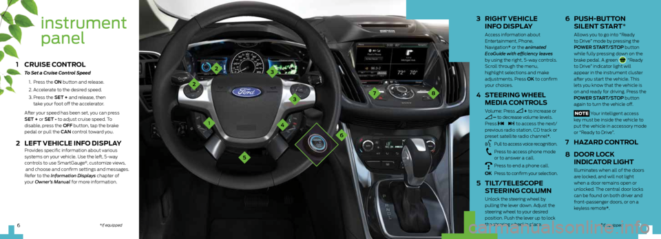 FORD C MAX HYBRID 2013 2.G Quick Reference Guide instrument
panel
78
6
4
32
2
3 right Vehicle
inF o display
Access information about
Entertainment, Phone,
Navigation* or the animated
EcoGuide with efficiency leaves
by using the right, FORD C MAX HYBRID 2013 2.G Quick Reference Guide instrument
panel
78
6
4
32
2
3 right Vehicle
inF o display
Access information about
Entertainment, Phone,
Navigation* or the animated
EcoGuide with efficiency leaves
by using the right,